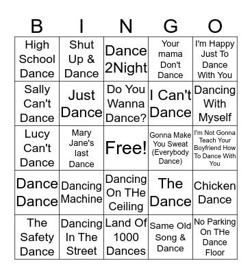 "Dance" Music Bingo Card