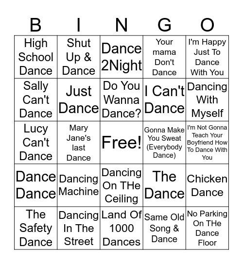 "Dance" Music Bingo Card