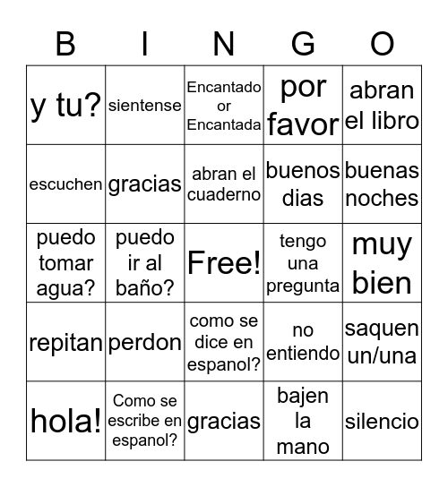 spanish phrases in the classroom Bingo Card