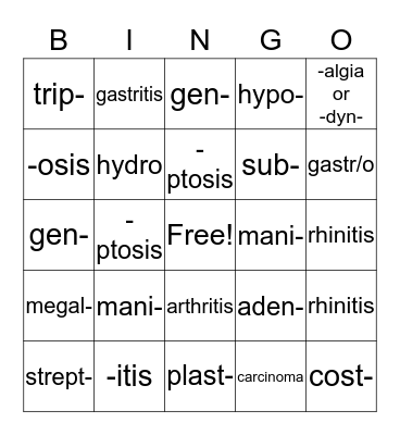 Medical Terminology Bingo Card