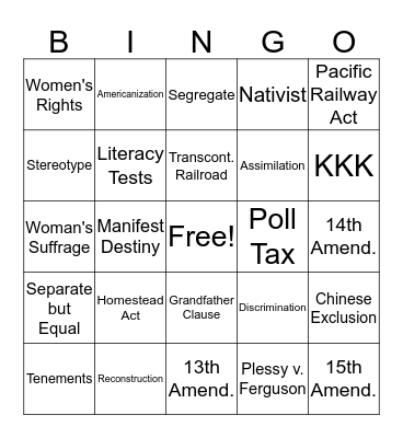 Post Reconstruction Bingo Card