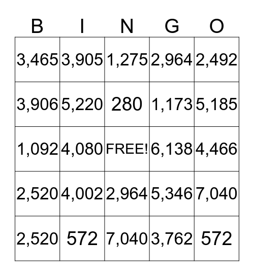 Multiplication Bingo Card