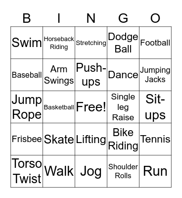 Physical Activity Bingo Card