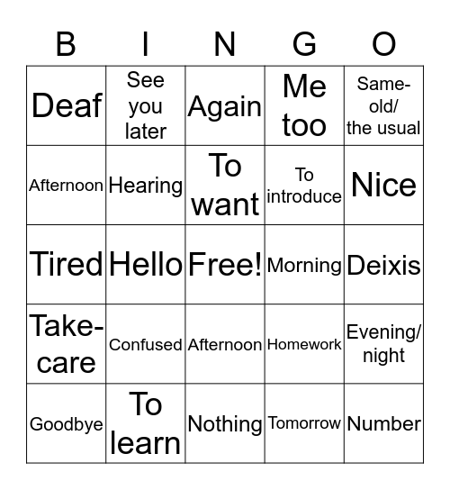 ASL BINGO! Bingo Card