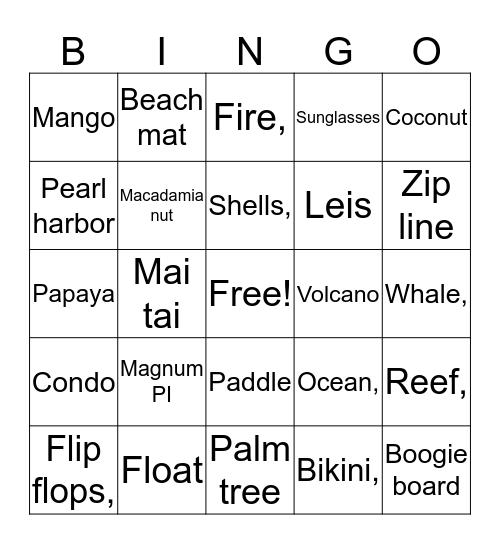 Luau Bingo Card