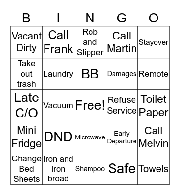 Housekeeping  Bingo Card