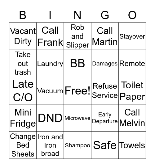 Housekeeping  Bingo Card