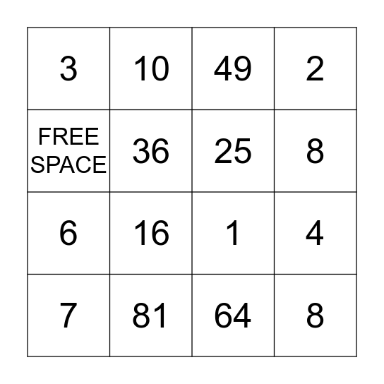 SQUARE BINGO!  Bingo Card