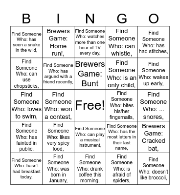 NTS Brewers Game Meetup Bingo Card