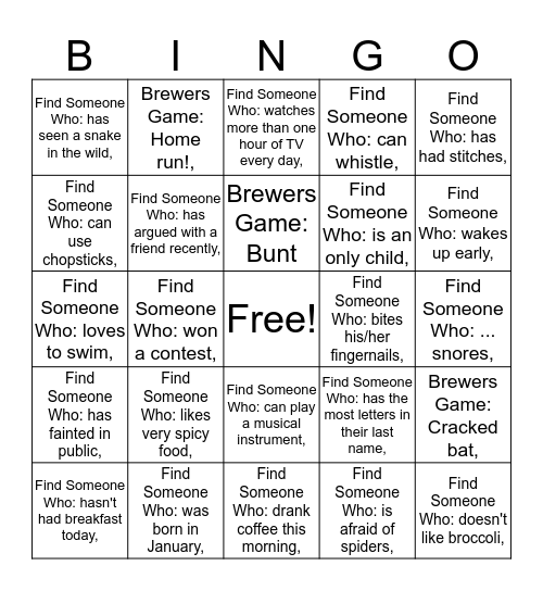 NTS Brewers Game Meetup Bingo Card