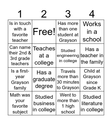 Back to School Night Bingo! Bingo Card