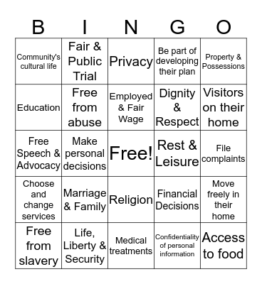 Rights and Responsibilities Bingo Card