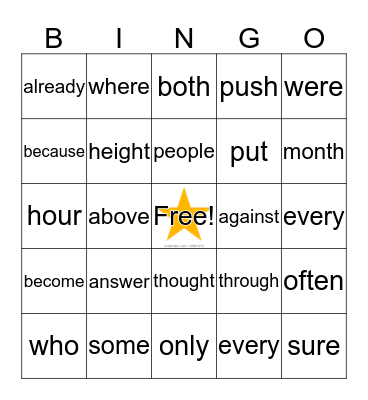 Sight Words BINGO Card
