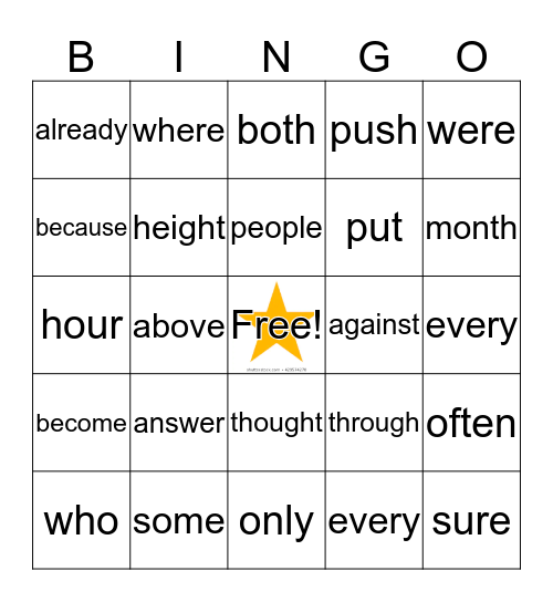 Sight Words BINGO Card
