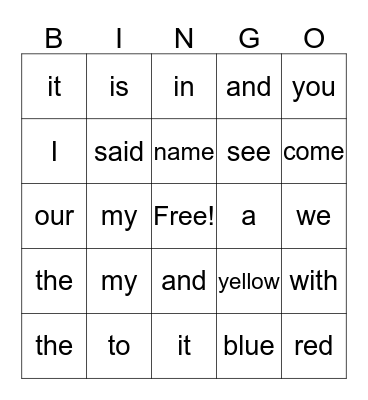 Sight Words Bingo Card