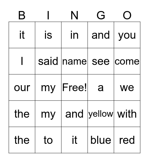 Sight Words Bingo Card