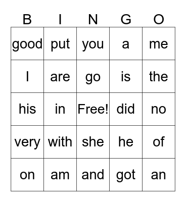 Sight Words 1-35 Bingo Card