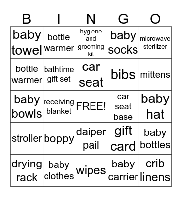 Baby Faith's Gift Bingo Card