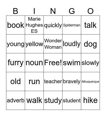 Parts of Speech Bingo Card