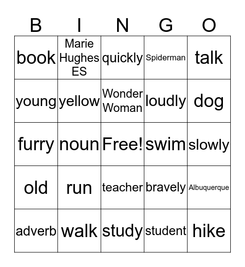 Parts of Speech Bingo Card