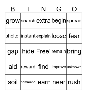 Vocabulary Words BINGO Card