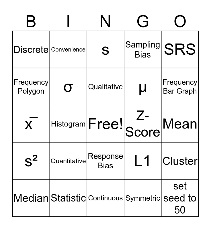 Data Collection, Numerical Data, and Organized Data Bingo Card