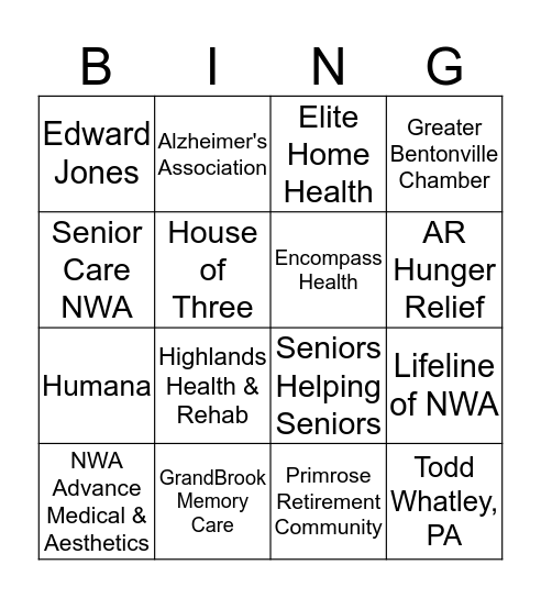 Senior Expo Bingo Card