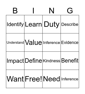 Level D Unit One Bingo Card