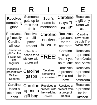 Caroline's Bridal Shower Bingo! Bingo Card