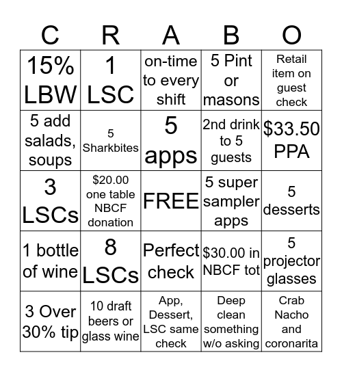 JOE's Crabby Bingo Card