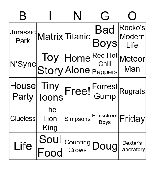 90's Theme Bingo Card