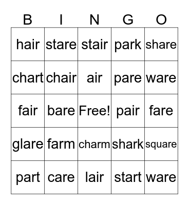 Week 19: ar/are/air Bingo Card