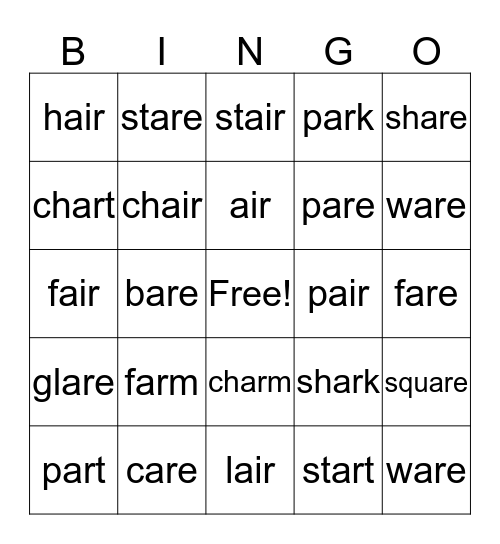 Week 19: ar/are/air Bingo Card