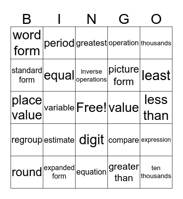 Math Vocab Bingo Card