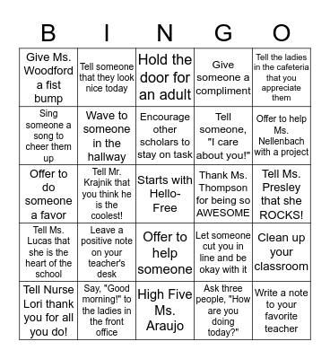 Starts with Hello Kindness Bingo Card