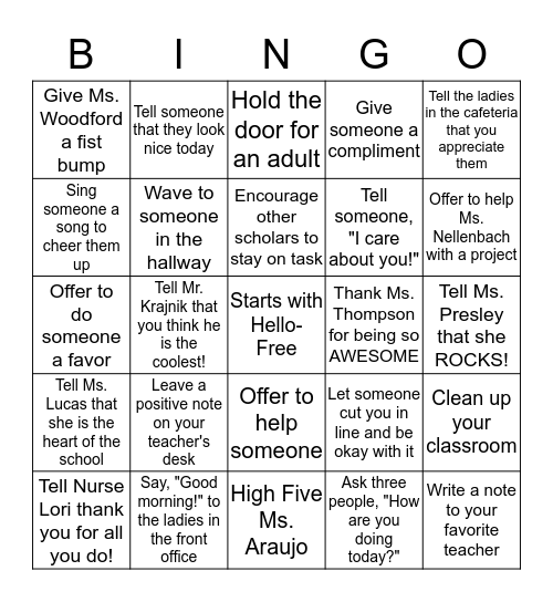 Starts with Hello Kindness Bingo Card