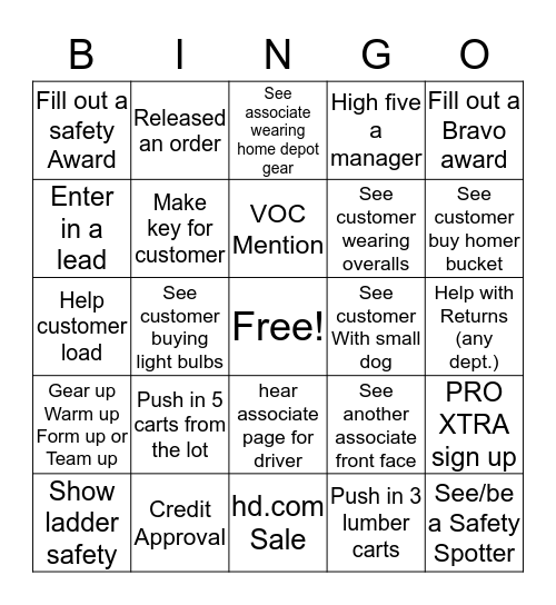 HOME DEPOT BINGO Card