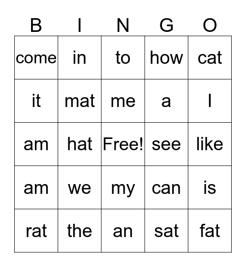 Sight Word Bingo Card