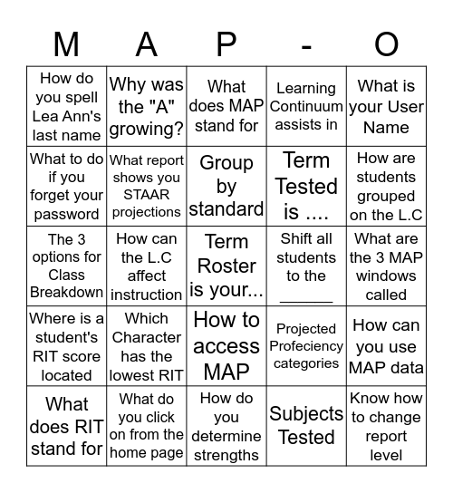 MAP-O Bingo Card
