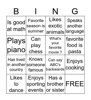 Getting to Know Me Bingo Card