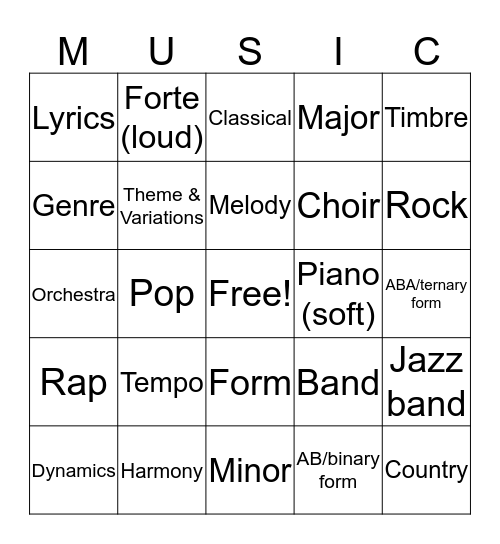 5th Grade Music Bingo Card