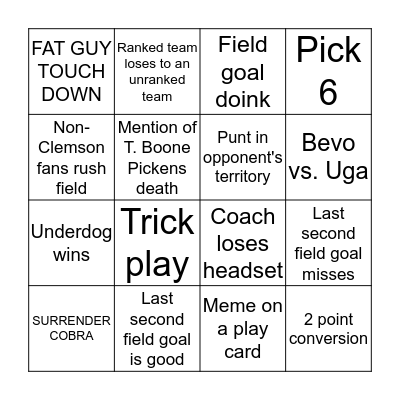 Football Weekend CFBingo Card