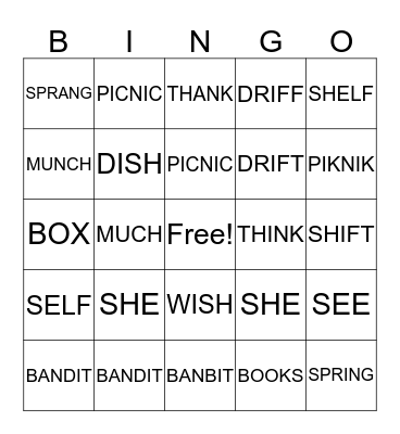 Spelling Word Bingo Card