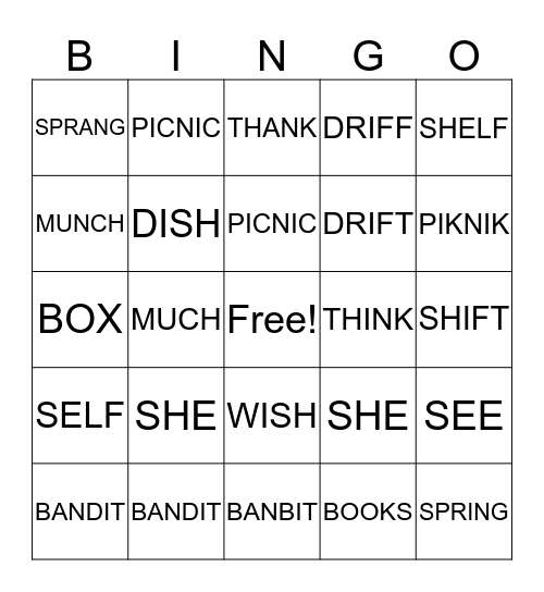 Spelling Word Bingo Card