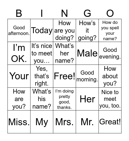 Unit 1 (Vocabulary BINGO) Bingo Card