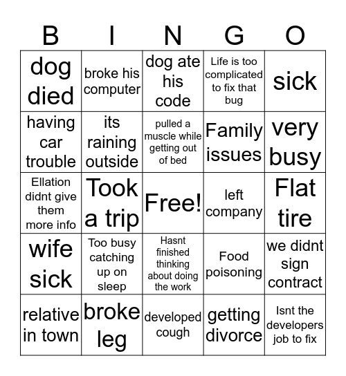 YoSpace Developer Excuse Bingo Card