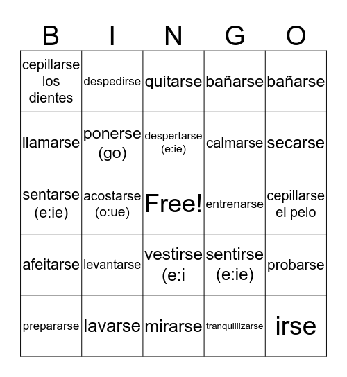 Los verbos reflexivos Bingo Card