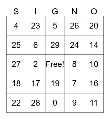 Numeros 0 - 30 Bingo Card
