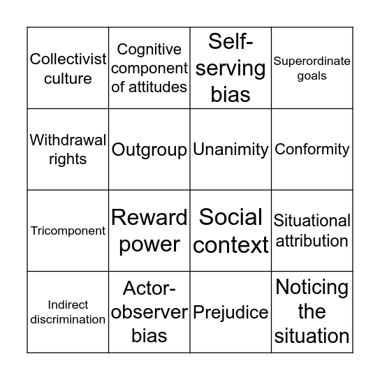 Social Psychology Bingo Card