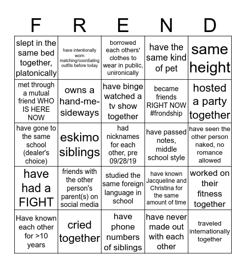 FIND TWO PEOPLE WHO (1 couple o' friends can only sign 2 squares thx) Bingo Card